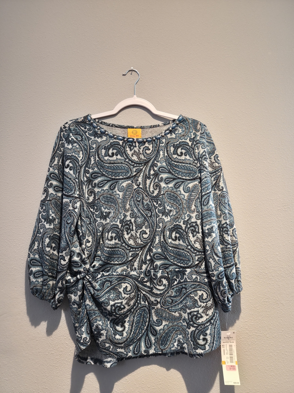 Ruby Rd. Blue Paisley Boatneck Blouse with Side Knot